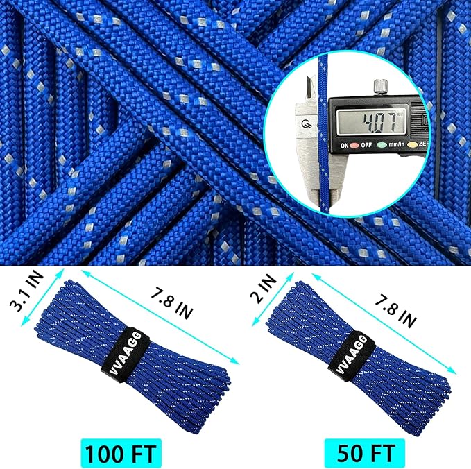 VVAAGG Reflective Paracord Rope 100FT, 7 Strand Nylon para Cord Lanyard Utility 550 Parachute Cord, 4mm Thin Tent Rope for Outdoor Camping Hiking