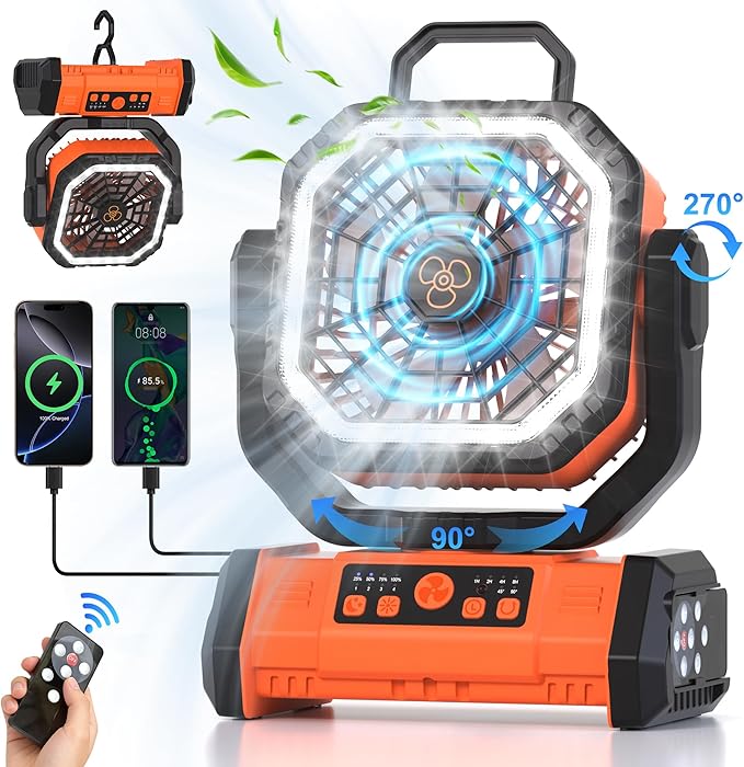 Honesorn Portable Rechargeable Fan 20000mAh, Camping Fan with LED Light & Remote, USB C Cordless Battery Powered, 4 Speeds Timer Hanging Hook for Travel Tent Outdoor Essentials - Orange