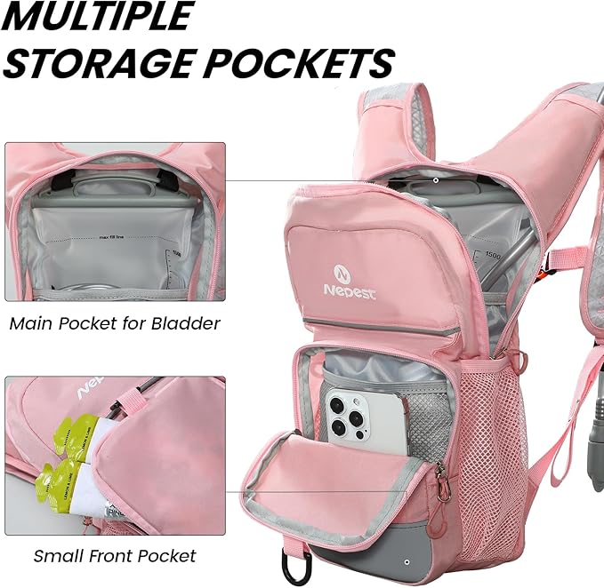Nepest Kids Hydration Backpack, Mini Water Backpack with 1.5L Water Bladder for Hiking Cycling Running