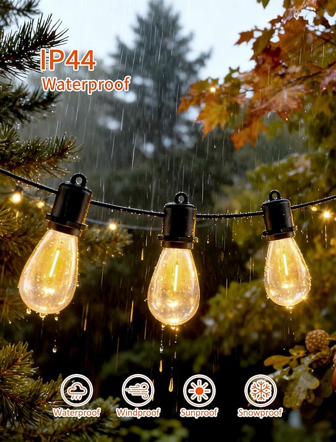 25FT LED Outdoor String Lights - 12+1 Shatterproof Vintage Edison Bulbs | IP44 Weatherproof | Plug in Cafe Patio Lights for Balcony, Porch, Deck & Cozy Bistro Ambiance (2700K Warm White)