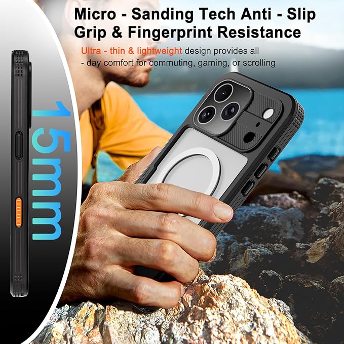 Phone Case for iPhone 17 Pro, IP68 Submersible [6.6FT] Military Grade Waterproof Shockproof with MagSafe Compatible Wireless Charging, Built-in Screen Protector for Swimming Outdoor Sports