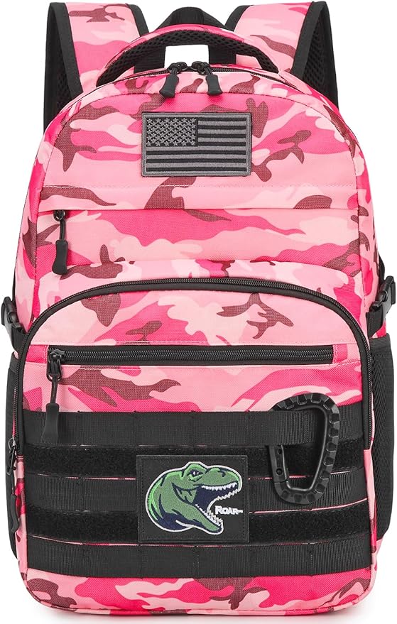 Kids Tactical Backpack Army Molle Bookbag Military Boys Backpack for School, Outdoor, Camping (Includes 2 Patches+1Carabiner), Pink CM