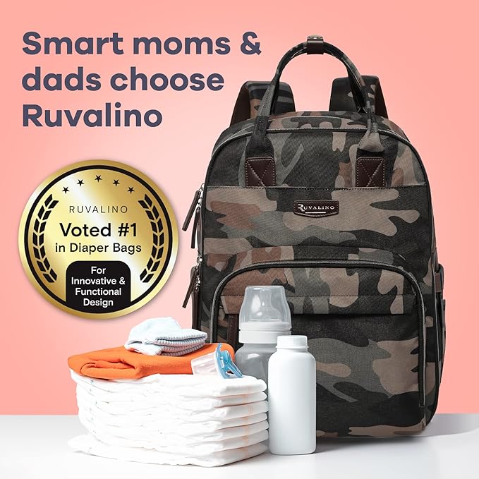 RUVALINO Diaper Bag Backpack, Multifunction Travel Back Pack Maternity Baby Changing Bags, Large Capacity, Waterproof and Stylish, Green Camo