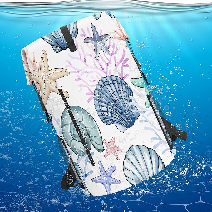 Waterproof Backpack Heavy Duty Marine Dry Bags for Kayaking Hiking Fishing Travel Backpack Roll-Top Closure Bag with Waterproof Phone Case - Sea Shell Coral Nautical Starfish 35L/55L/85L