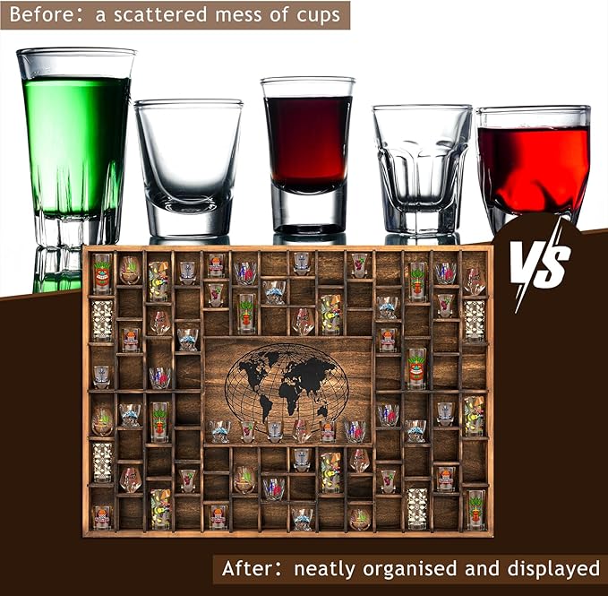GlikCeil 88 Slots 48 x 34'' Jumbo World Map Shot Glass Display Case Rustic Wood Shot Glass Holder for Different Size Wineglass Bar Shelf Organizer Storage Cabinet Decor