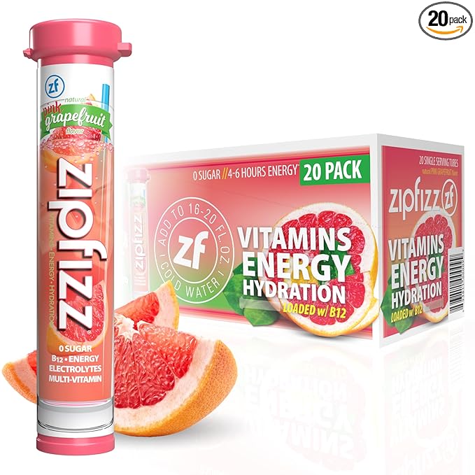 Zipfizz Daily Energy Drink Powder, Pink Grapefruit, 20 Pack | 3-in-1 Sustained Energy, Rapid Hydration, and Essential Vitamins | Sugar-Free | Electrolyte Powder | Contains Vitamin B-12 & Antioxidants