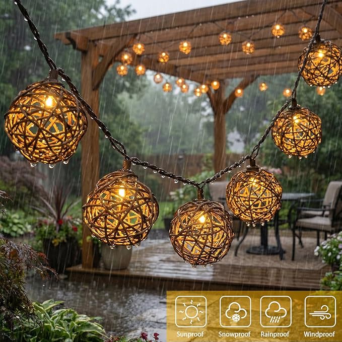 Vigdur Rattan Ball String Lights, Boho Lantern String Lights with 10 Led Bulbs Connectable, Indoor Outdoor String Light for Bedroom Wedding Garden Party Backyard Decor, 9.84FT