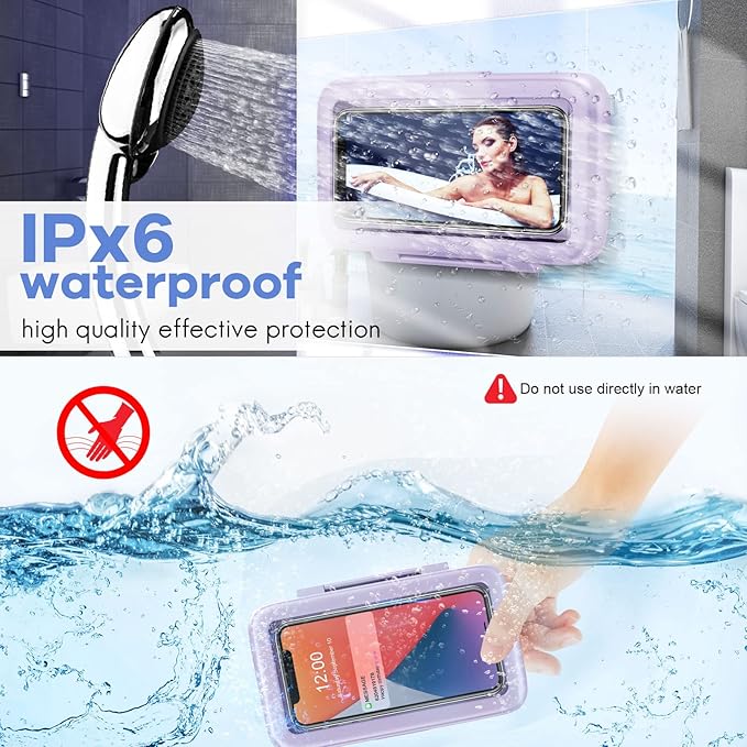 LC-dolida Shower Phone Holder Waterproof 480 Rotation Phone Stand Case Mount for Bathroom Batheub Kitchen Wall Mirro Compatible with iPhone 17 16 15 14 13 Plus Pro Max XS XR Women Men Gift