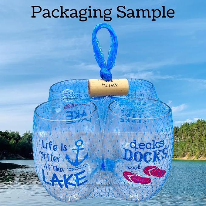 Set of 4 Shatterproof Designer 16 oz Plastic Wine Glasses MADE in the USA (LIFE IS BETTER AT THE LAKE)