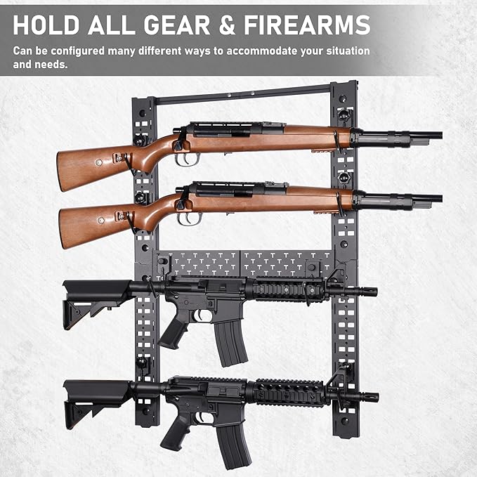 Adoreal Modularity Gun Wall Mount, Hold Up 120LBS Gun Rack for Wall with 10 Mounting J-Hooks, Rifle Shotgun Rack with Additional Storage, 31.8" x 22" Tactical Gear Wall Mount, Functional Gun Racks