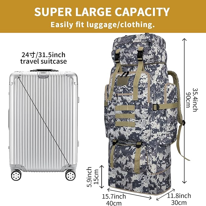 Hiking Backpack, 100L Large Camping Backpack, Expandable Waterproof MOLLE Rucksack, Outdoor Sport Travel Daypack Military Tactical Back pack for Men Women (Camouflage)