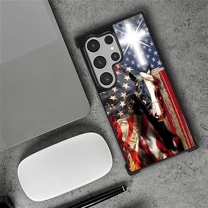 for Samsung Galaxy S26 Ultra Case,Graphic Design for Girl Boy Soft Silicone Hard Acrylic Shock Protection Designed for Samsung Galaxy S26 Ultra Red American Flag Horse Cross Pattern