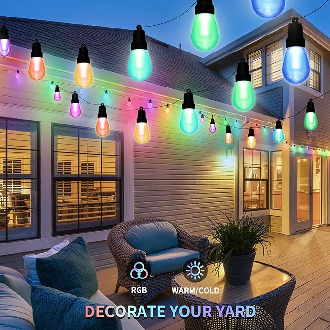 CAWWS Outdoor String Lights 75FT, Outdoor Lights for Patio with 30 Dimmable RGBW LED Bulbs, IP66 Waterproof Shatterproof, with APP Control & Remote, 24V Adapter Color Change,for Backyard Decor
