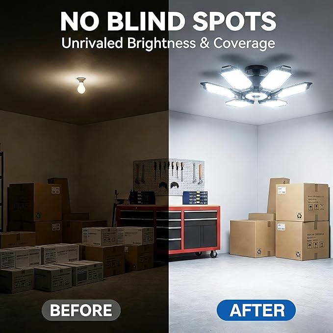 BRAINIAC 100W LED Garage Light Bulb, Deformable Garage Lighting Led with 6 Adjustable Panels, E26/E27 Screw-in Shop Lights for Basement Workshop Barn Basement Warehouse - 4Pack