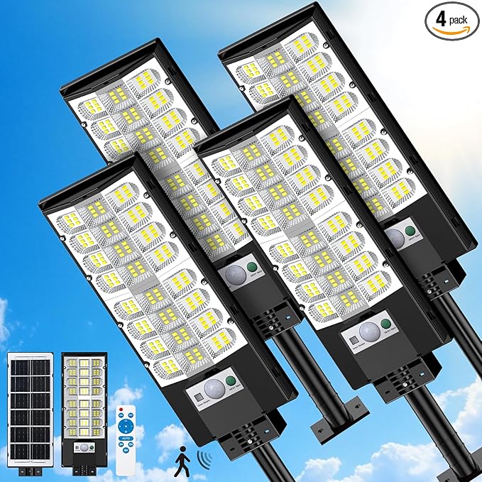 4-Pack Solar Street Lights Outdoor, 20000LM Waterproof LED Solar Flood Lights with Motion Sensor, 6500K Dusk to Dawn Solar-Powered Light Remote Control for Outside, Security Lights for Yard Driveway