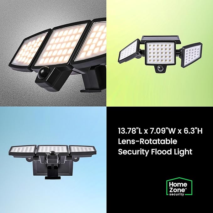 Home Zone Security 2 Packs Solar Flood Lights Outdoor Motion Sensor 120 Degrees Wide Angle, Waterproof Powered for Garden Yard Pathway, 3500K Warm White 1000 Lumens, Adjustable Triple Head No Wiring