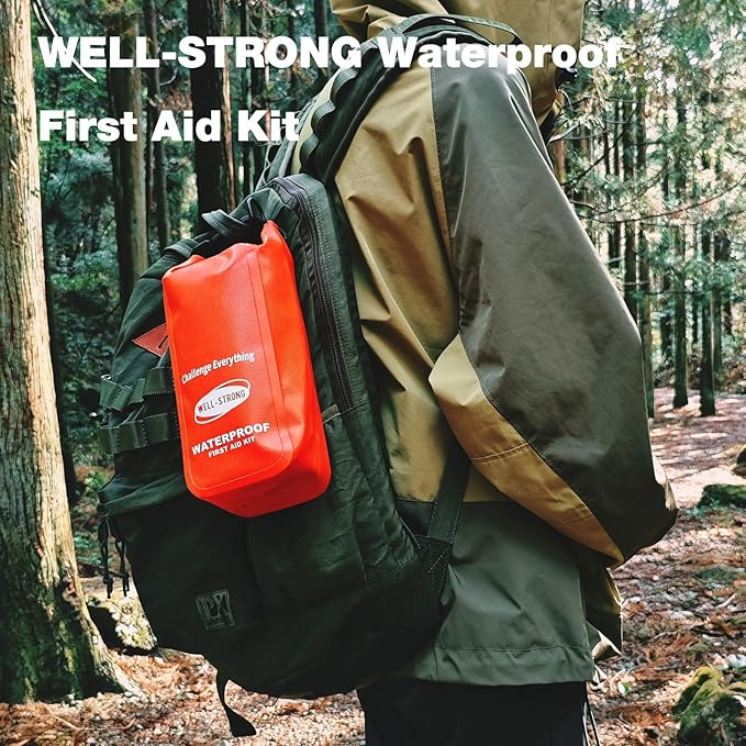 Boat First Aid Kit Waterproof, WELL-STRONG Marine Emergency Kit with Roll Top Dry Bag for Boating Fishing Kayaking – Water-Resistant Contents for Camping & Beach（Orange）