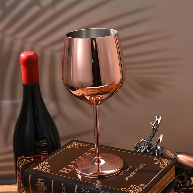Bruntmor Stainless Steel Wine Glass - 17 Oz Unbreakable 8 inches Tall Wine Glasses - Shatterproof, Metal Copper, Stemmed Drinkware For Champagne, Cocktail - Wedding Goblets Glass - 1 Rose Gold