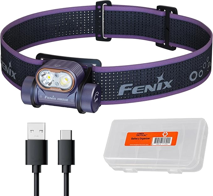 Fenix HM55R Rechargeable Headlamp, 1200 Lumen Spotlight Floodlight & Red Light, Lightweight, Long Runtime, USB-C Charging, Waterproof for Camping, Hiking, Running with Lumentac Organizer (Purple)