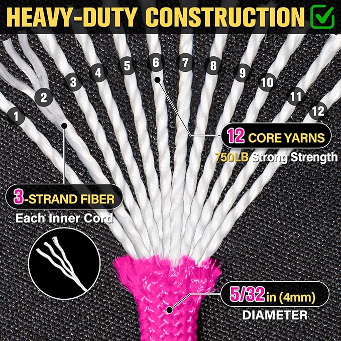 Paracord Rope 750 lb - 200ft 5/32" Parachute Cord 4MM 12-Strand para Cord - Heavy Duty Spool String for Survival,Camping Gear, Survival Bracelet, Clothesline - Rose Pink