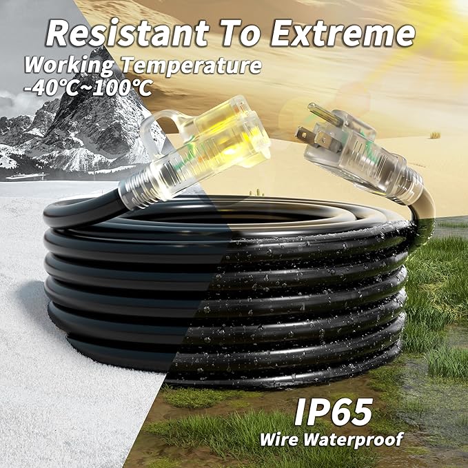 PlugSaf 14/3 Gauge Black Outdoor Extension Cord 25 ft Waterproof with Lighted Indicator, Cold Weatherproof -40°C, Flexible 3 Prong Extension Cord Outside, 15A 1875W 14AWG SJTW, ETL Listed
