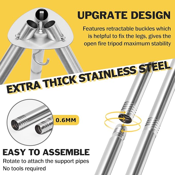 Joyfair Campfire Camping Tripod Grill Grate(17” Dia.), Heavy Duty Stainless Steel Openfire Tripod with Over Firepit Rack Camp Equipment, Adjustable Height Stand for Outdoor BBQ Cooking Grilling