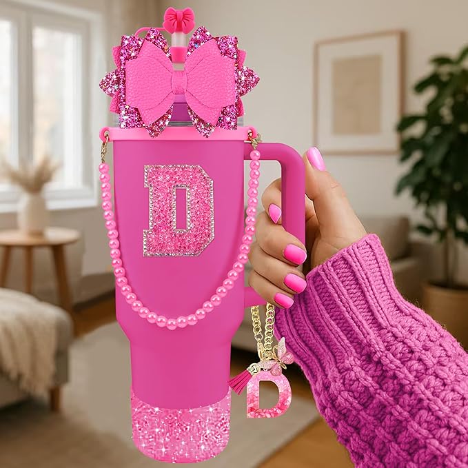 9PCS Hot Pink for Stanley Cup Accessories Set Bling Initials Bow Charms for Stanley Decorations 30/40 Oz Tumbler Accessories Including Bow Straw Topper, Handle Strap, Spill Stopper（Letter D）
