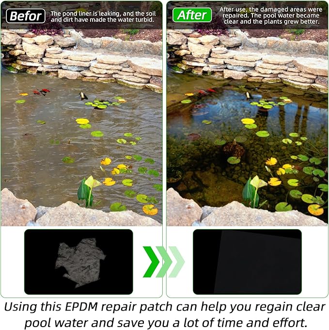 4 Pcs 8 x 8 Inches Pond Liner Repair Patch Kit EPDM Butyl Rubber Liner Patch Kit Self-Adhesive Waterproof Patch for Ponds Roofs Trampolines Durable Black Round Square Shapes