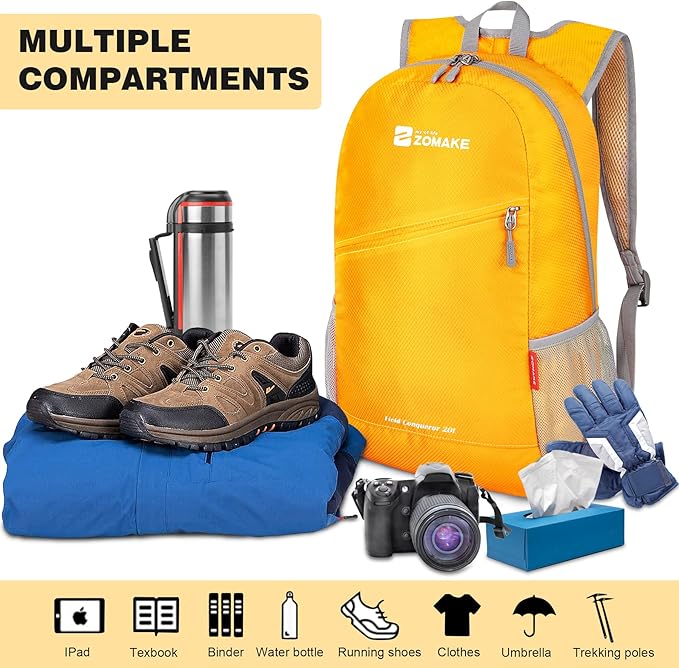 ZOMAKE Lightweight Packable Backpack 20L, Foldable Backpacks Small Daypack for Hiking Water Resistant Day Bag for Travel(Yellow)