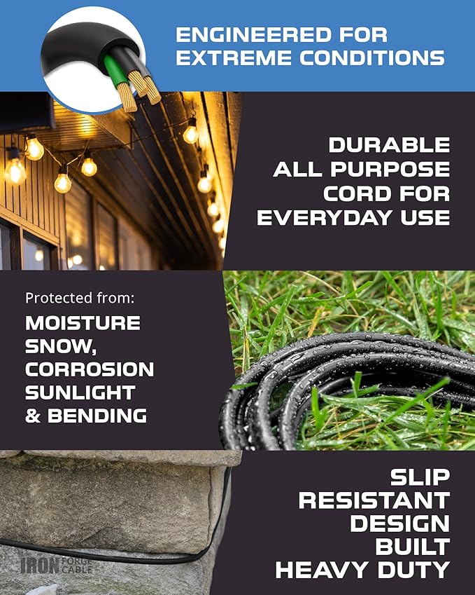 Iron Forge Cable 2 Pack 50 Ft Black Extension Cord with 3 Outlets - 16/3 SJTW 50 Foot Extension Cord 3 Prong, Weatherproof Power Cable for Outdoor