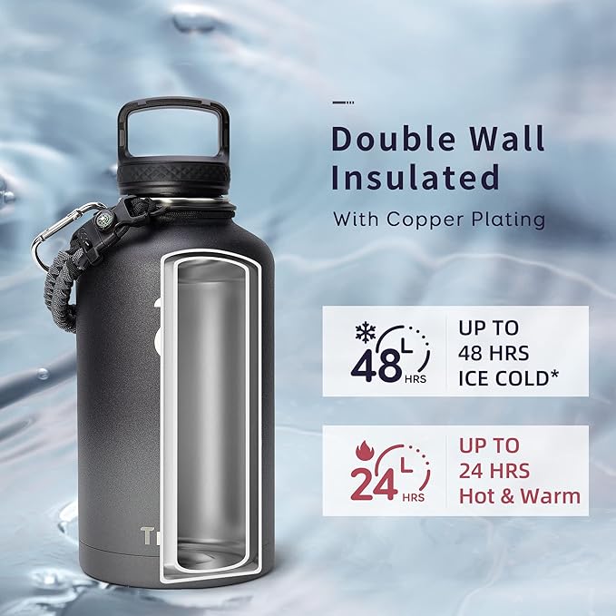 Trebo Water Bottle 64oz with Paracord Handle, Half Gallon Large Vacuum Triple Wall Stainless Steel Insulated Water Jug with Straw Spout Handle Lids, Leakproof BPA-Free Keep Cold & Hot, Dark Gray