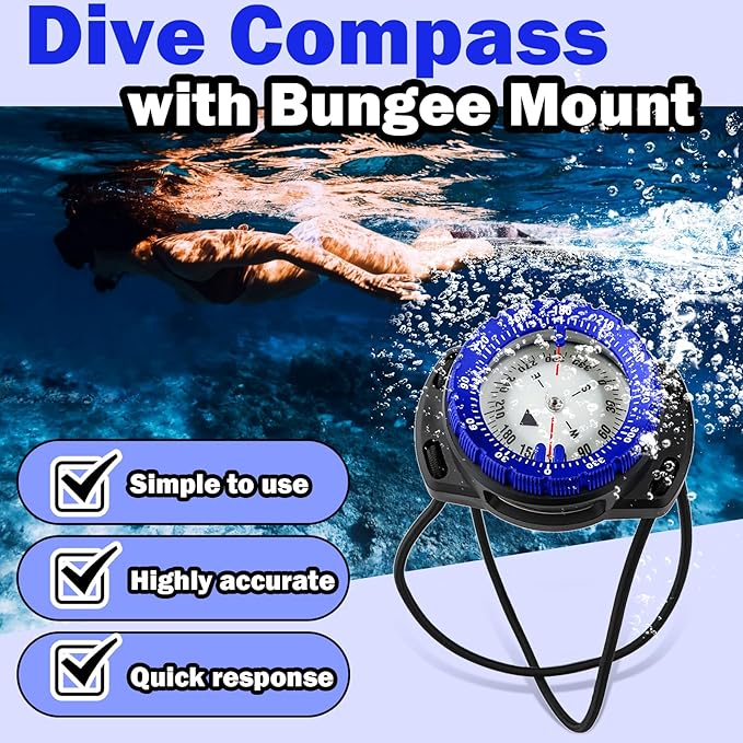 Scuba Dive Compass, Waterproof 5ATM Marine Navigation Wrist Compass with Bungee Mount and Cord, Glow in The Dark for Underwater Diving, Sailing, Camping, Kayaking, Hiking