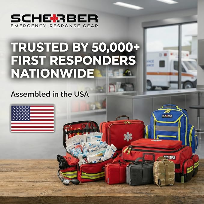 Scherber First Responder Fully-Stocked Professional Essentials EMT/EMS Trauma Kit | HSA/FSA Approved | Reflective Bag w/8 Zippered Pockets & Compartments & 200+ First Aid Supplies - Blue