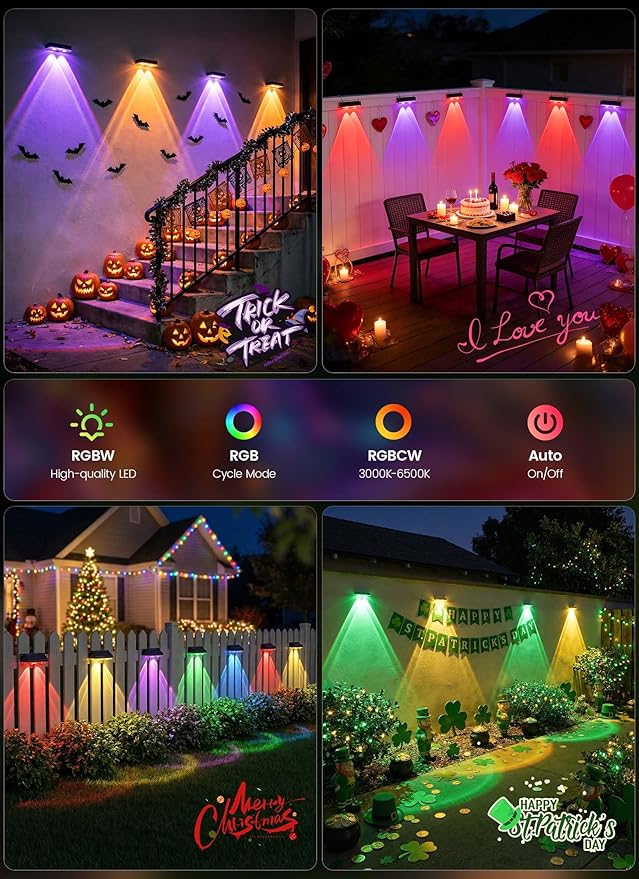 Brightown 6 Pack Solar Lights Outdoor Waterproof, Color Changing Solar Fence Deck Step Flood Lights, Warm White & RGBCW 11 Color, IP65 Waterproof Garden Lights for Outside Backyard Yard Step Patio