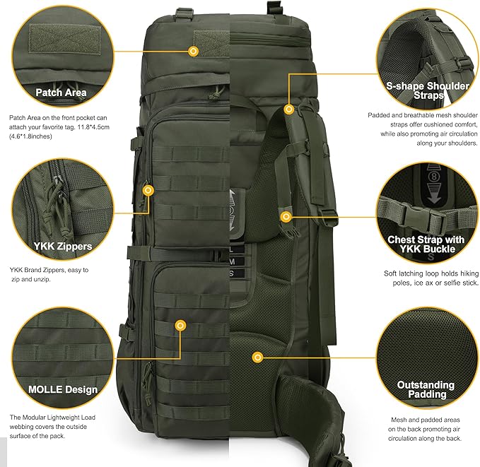 Mardingtop 75L Molle Hiking Internal Frame Backpacks with Rain Cover for Camping,Backpacking,Travelling(Ranger Green)