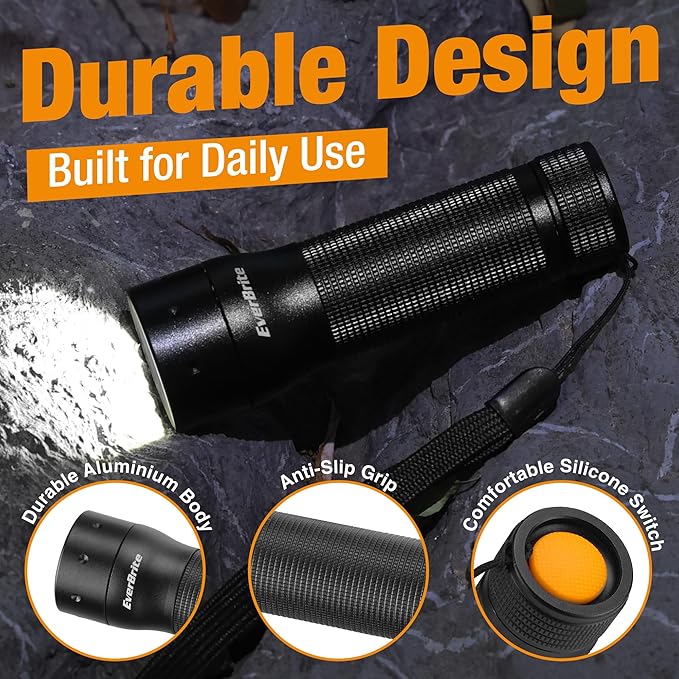 EverBrite Mini Flashlight, Zoomable LED Flash Light, 3 Modes, 3AAA Batteries Included, Handheld Small Flashlight for Camping, Emergency, Home – Black