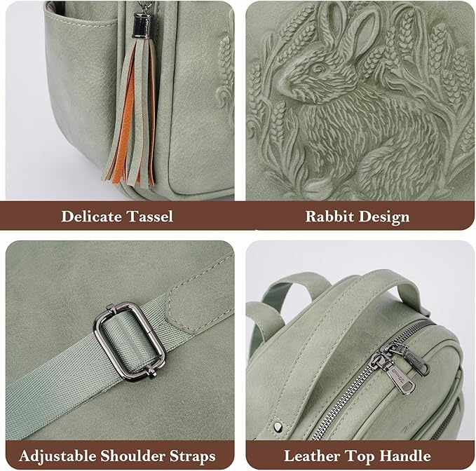 Mini Backpack Purse for Women,Embossed Leather Small Backpack Fashion Travel Backpacks Daypacks Shoulder Handbag (GREEN-Rabbit)