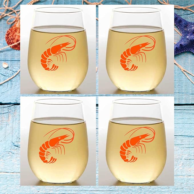 Set of 4 Shatterproof Designer 16 oz Plastic Wine Glasses MADE in the USA (SHRIMP)
