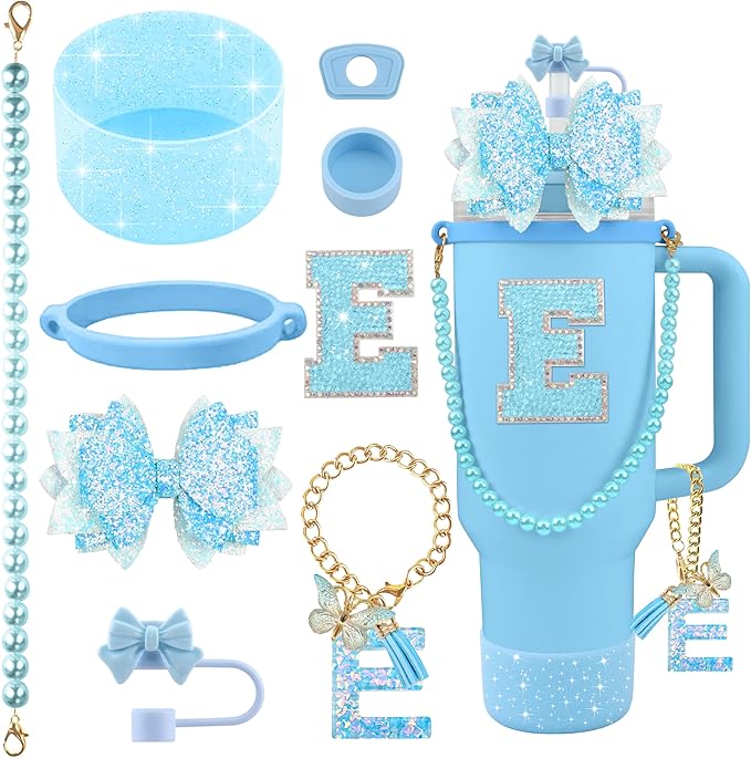9PCS Blue for Stanley Cup Accessories Set Bling Initials Bow Charms for Stanley Decorations 30/40 Oz Tumbler Accessories Including Bow Straw Topper, Handle Strap, Spill Stopper（Letter E）