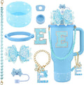 9PCS Blue for Stanley Cup Accessories Set Bling Initials Bow Charms for Stanley Decorations 30/40 Oz Tumbler Accessories Including Bow Straw Topper, Handle Strap, Spill Stopper（Letter E）