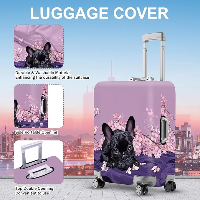 ANNA QUEEN French Bulldog Luggage Cover, Cute Black Dog with Pink Flowers Suitcase Protector, Stretchable Washable Travel Sleeve for 24-26 Inch Luggage