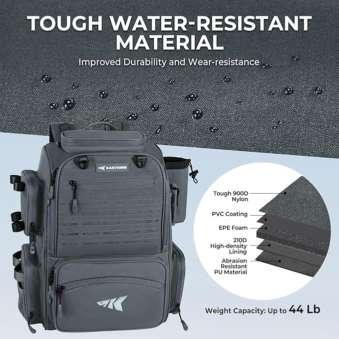KastKing Bait Boss Fishing Tackle Backpack with Rod Holders-4 Tackle Boxes-Rain Cover,45/43L Large Storage for Fishing Gear