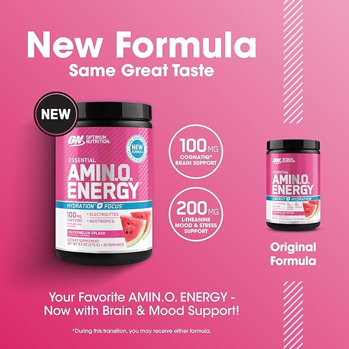 Optimum Nutrition Amino Energy Powder Plus Focus, with BCAA, Electrolytes, and Caffeine, Watermelon, 30 Servings (Packaging May Vary) (Pack of 6)