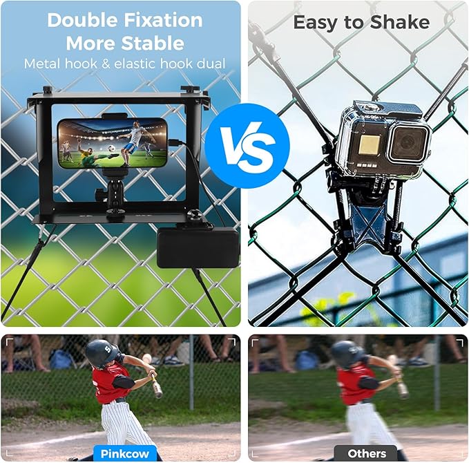 Game Changer Fence Mounting Kit - Phone Fence Mount Holder for Baseball - Fence Mount for Mevo with Adjustable Shade and Power Bank Clip for iPhone, Samsung, GoPro and Other Action Cameras