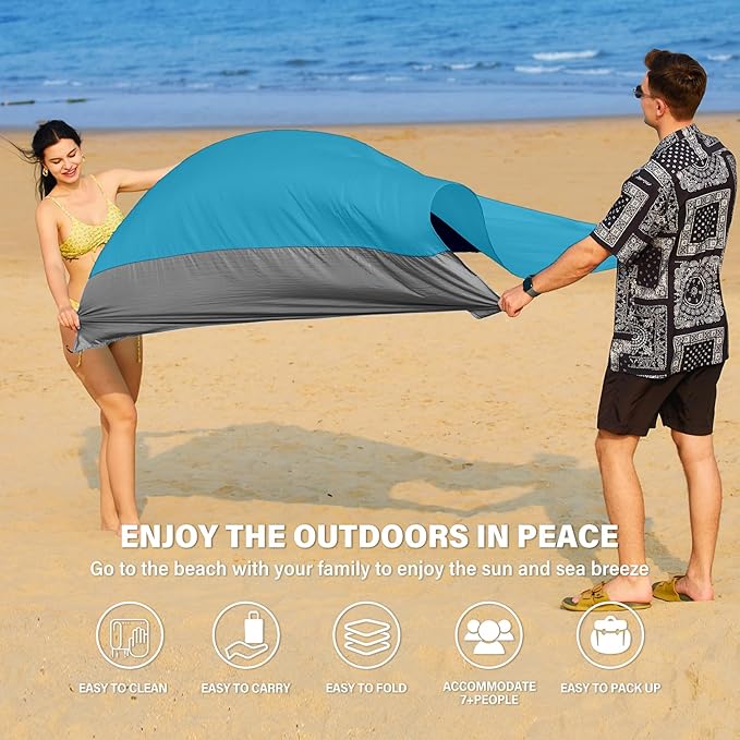 Famstar Beach Blanket Oversized Extra Large 10'X 9',Waterproof Sandproof Beach Blanket 2-8 Adults Lightweight Durable for Travel Camping Hiking Picnic (10'X 9', Blue&Grey)