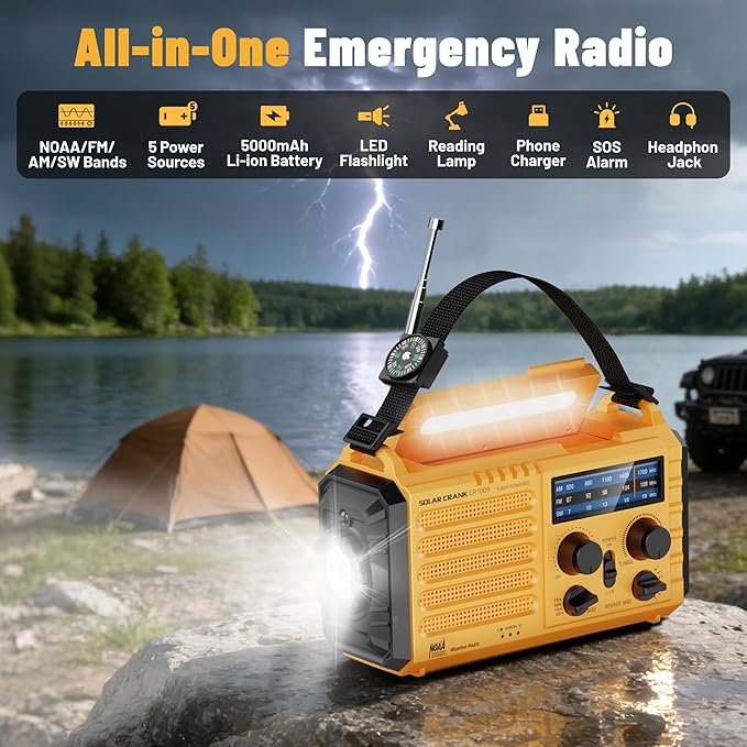 NOAA Weather Radio AM/FM/Shortwave, 5 Way Powered Emergency Radio 5000mAh/18500mWh Battery Backup Solar Crank, Portable Phone Charger with LED Flashlight, Reading Lamp and SOS Alarm for Survival