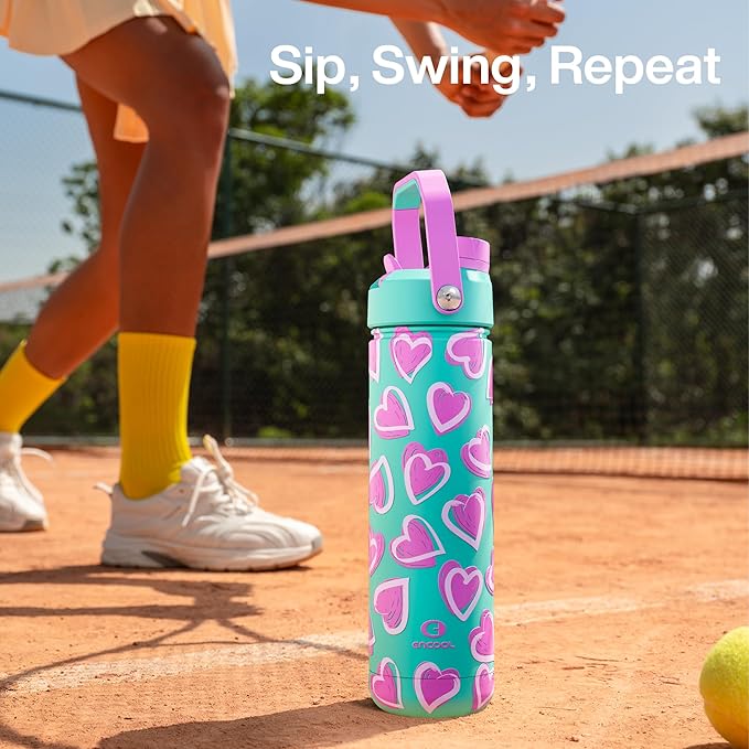 ENCOOL Valentine's Day Insulated Water Bottle with Straw Stainless Steel Water Bottle, Leak-Proof, BPA-Free, Keeps Cold for 24 Hours for Sports, Travel, School (26 oz, Sketch Hearts Violet x Mint)