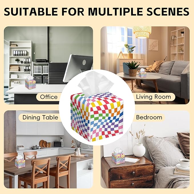 Tissue Box Cover Square,Colorful Wavy Checkerboard Tissue Box Holder Waterproof Leather Facial Paper Case Modern Home Decoration for Bedroom Dresser Night Stand Office Desk