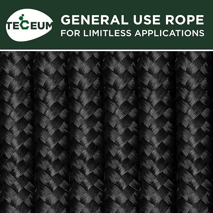TECEUM Rope – 90 Feet x 3/8 Inch (10mm) – Black – Strong All-Purpose Utility Rope – Camping, Crafting, Flag Pole, Indoor & Outdoor – Polypropylene Nylon Poly Lightweight Diamond Braided Cord