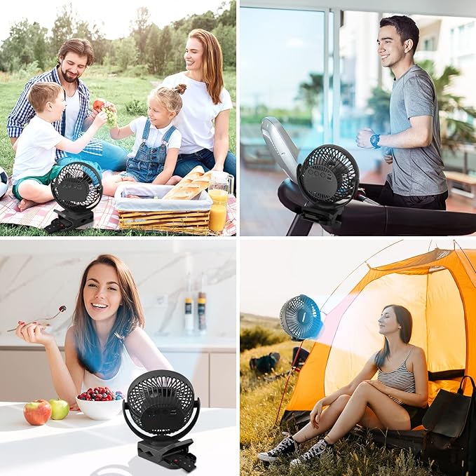 Portable Clip on Fan 65 Working Hours, Camping Fans with LED Lights & Hook, 12000 Capacity Battery Operated Fan with Clamp, USB Rechargeable for Desk, Tent, Treadmill, Stroller, Golf Cart, Home